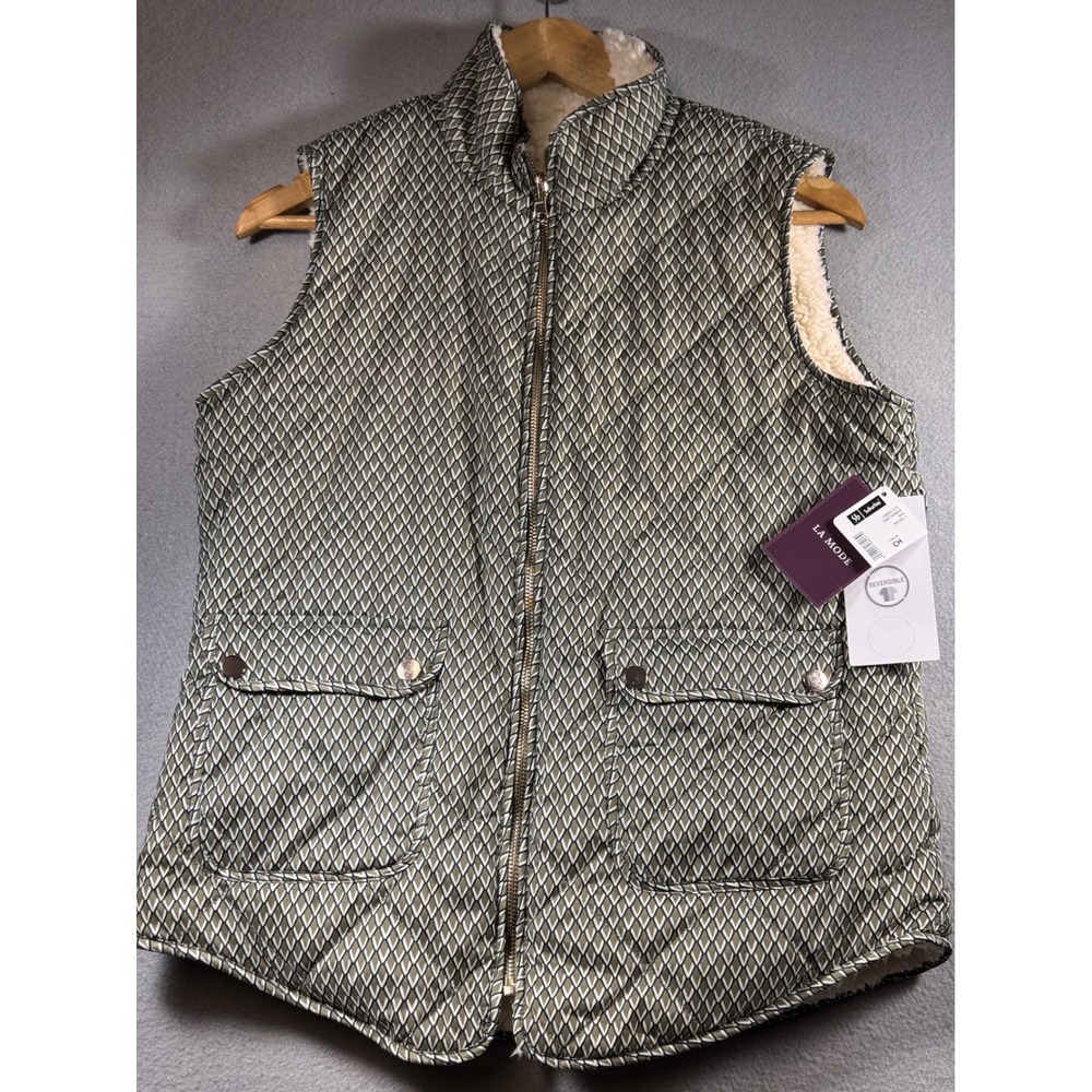 La Mode Reversible Quilted Sherpa Vest Olive Green Geometric Pattern Small NWT